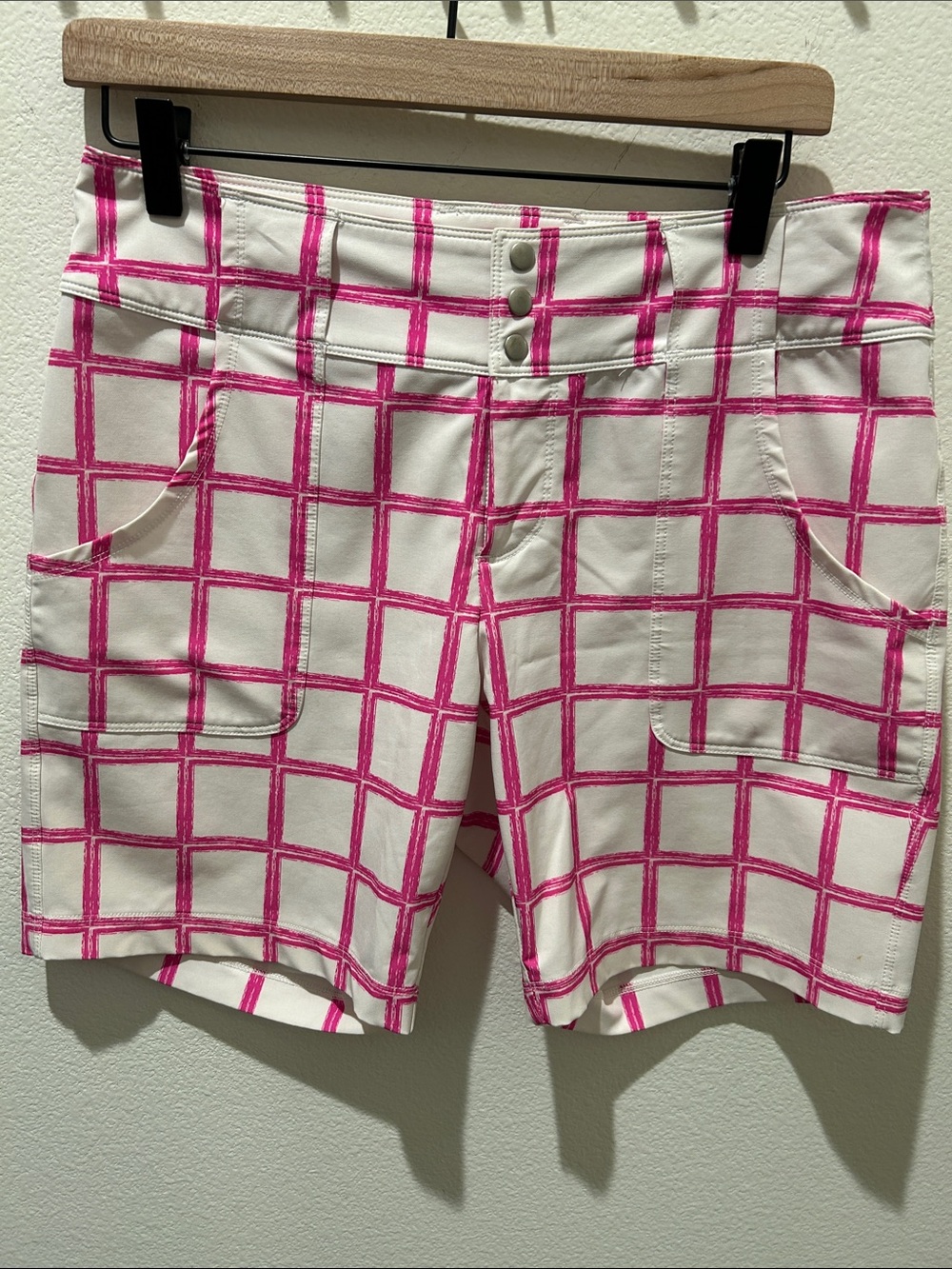JoFit White & Pink Grid-Print Bermuda Shorts